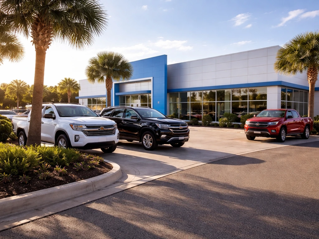 Sunlit Chevrolet dealership exterior in San Antonio with parked cars, representing a business behind net worth.
