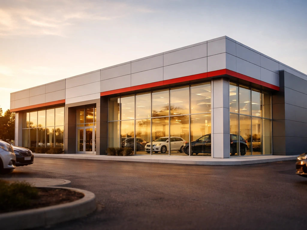 Close view of a modern car dealership building exterior in warm Texas light, suggesting Vara Chevrolet