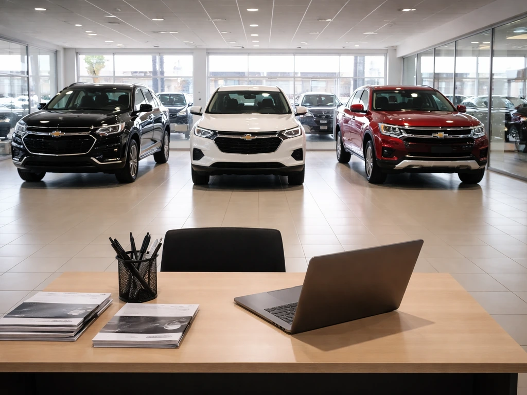 Chevrolet dealership showroom with parked vehicles and a finance desk with a laptop, no people.